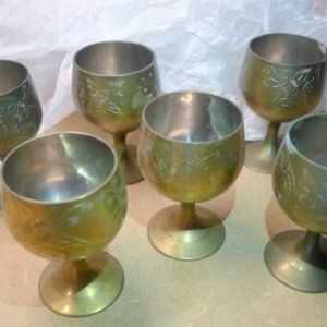 Vintage Brass Goblet Sarna Brass Small 3" tall Lot of 6 Made in India Long Stem